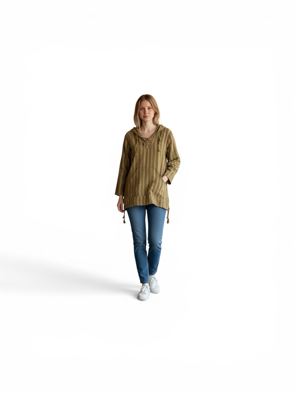 Striped Hooded Pullover Tunic in Olive Green